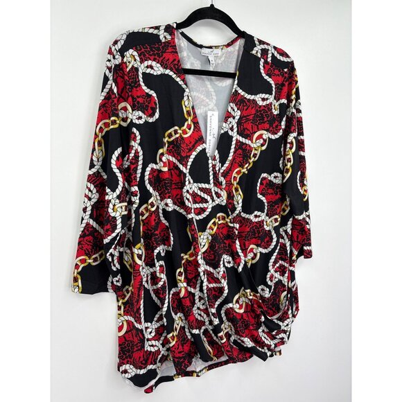 Shavonne Dorsey Rope Chain Print Faux Wrap Top Black Red 2X NEW - Picture 2 of 5